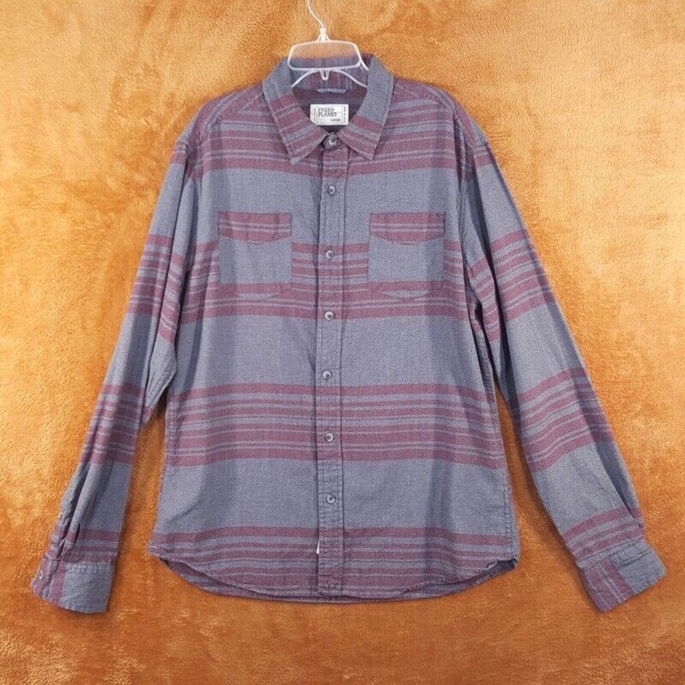 FREE PLANET Mens Shirt Large Gray Maroon Stripe Button Up Cotton Pockets